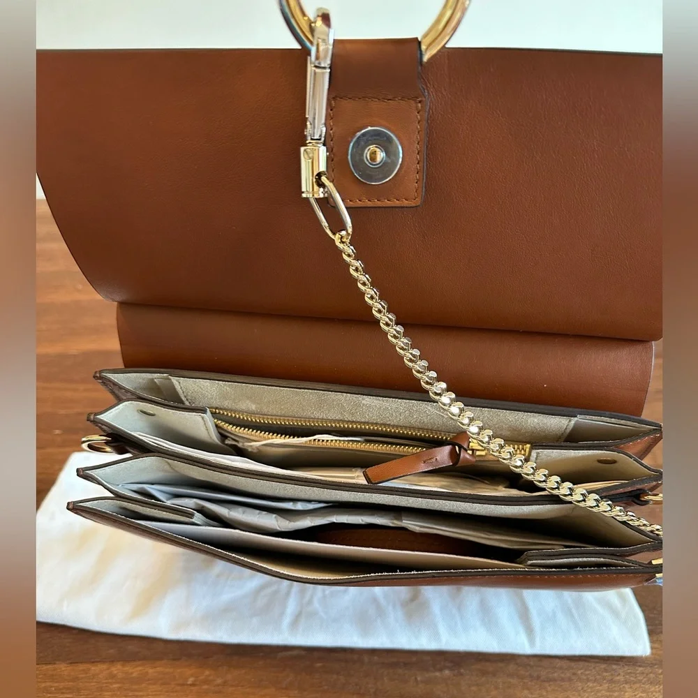 Chloé Faye Brown Leather & Suede Shoulder Bag Ring Chain Crossbody w/ Dust Bag